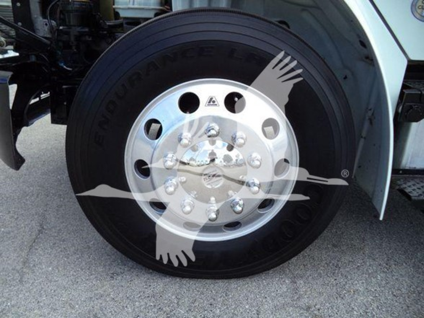 Wheel and tire of a Freightliner M2 showing enduring road relief and a large alloy wheel with lug nuts. Text on tire reads 'ENDURANCE' and 'Goodyear' partial.