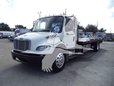 Truck image: 2019 Freightliner Business Class M2 106 rollback truck, white cab, flatbed with black bumper, side mirrors, daytime parking lot.