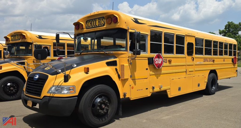 School bus shows front and side view; yellow Body with stop sign extended, blue Bird Vision branding not visible