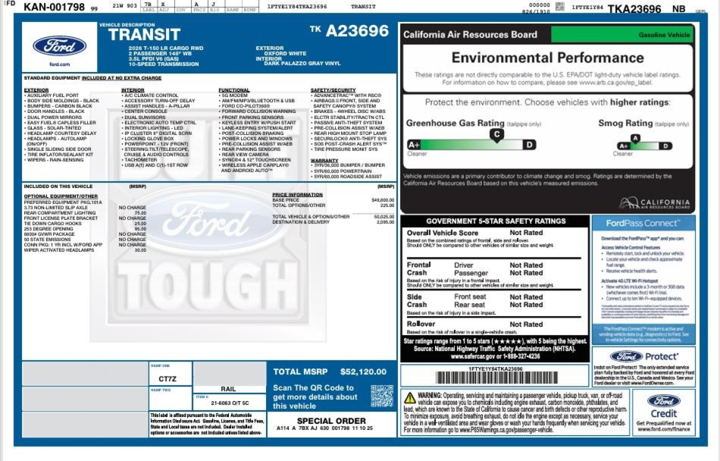 Ford Transit cargo van window sticker showing environmental performance, greenhouse gas rating, and total MSRP details.