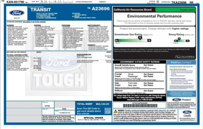 Ford Transit cargo van window sticker showing environmental performance, greenhouse gas rating, and total MSRP details.
