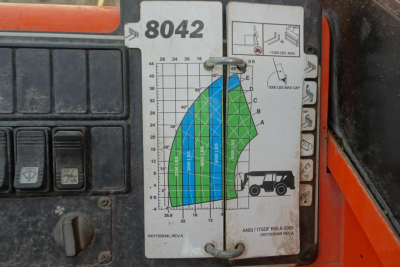 Lifting machine label on JLG 8042 showing load chart and control panel with serial/stock information.