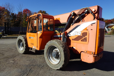 Telescopic forklift in orange showing JLG branding and hydraulic boom in side view.