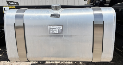 Aluminum fuel tank showing caps and identification label on Mack GR64FT truck