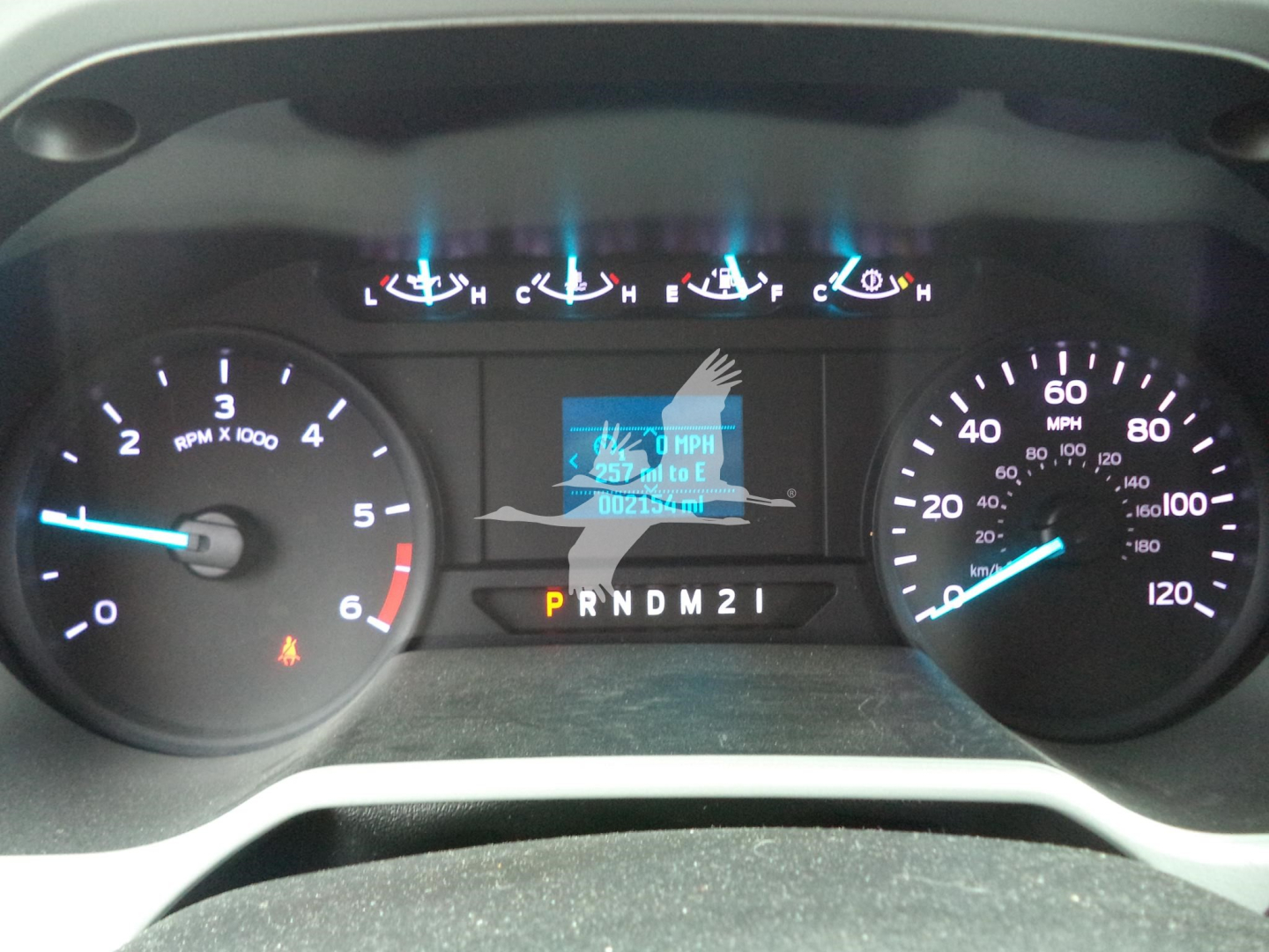 Instrument cluster of a 2021 Ford F650 showing gauges, central digital display, and PRNDM21 gear indicator.