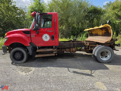 2014 International TerraStar cab and chassis with plow showing red cab and chassis frame with yellow plow blade