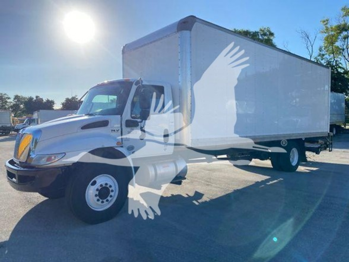 Truck cab and box body showing International MV with white box trailer, side view, VIN 3HAEUMML3LL207913
