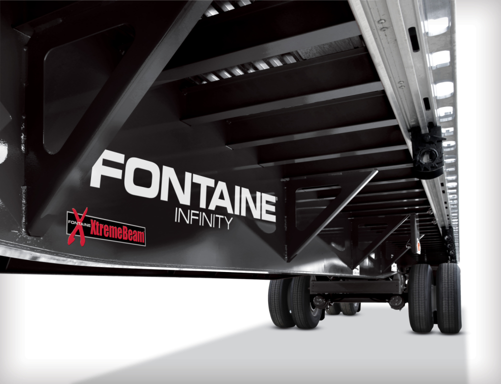 Fontaine Infinity 53' combo flatbed trailer rear axle area showing Fontaine logo and support frame