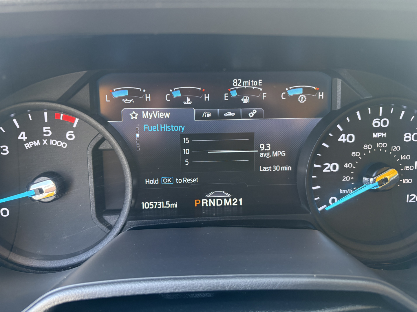 Dashboard of a 2022 Ford E350 showing instrument cluster with digital display reading Fuel History and 105731.5mi, PRNDM21, and MPG data.