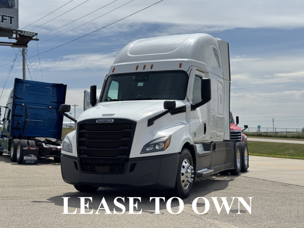Freightliner Cascadia 126 truck in white, front-left view showing cab and grille with LEASE TO OWN text overlay.
