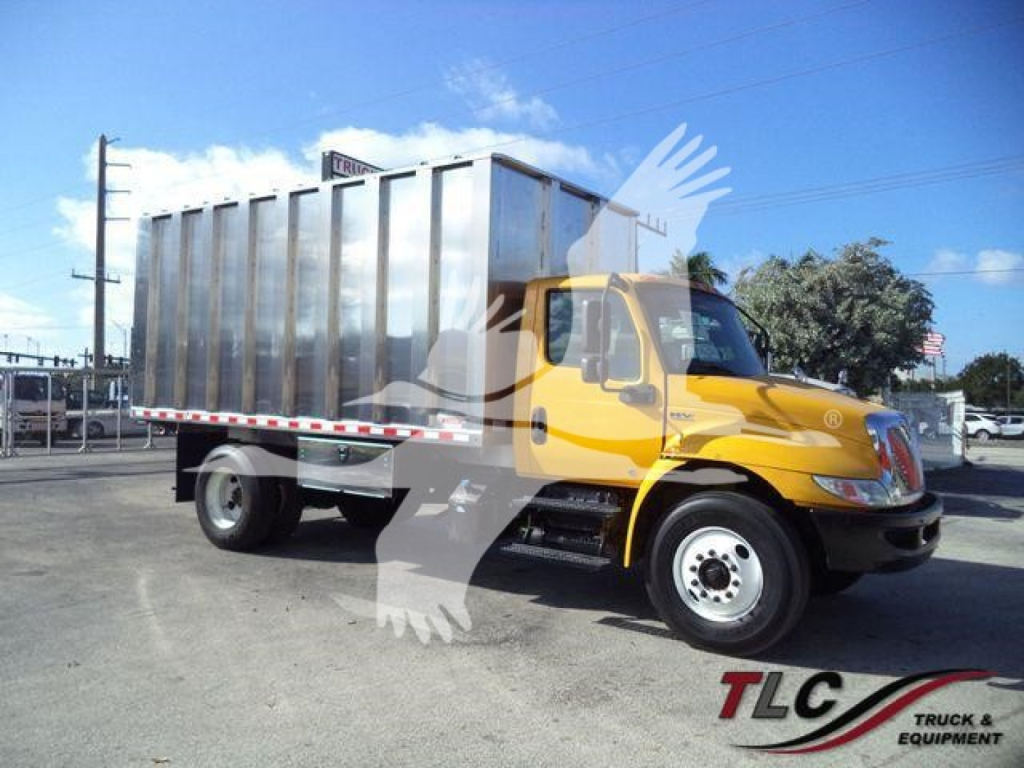 2019 International 4300 box truck with yellow cab and large gray cargo area, side view showcasing the truck.