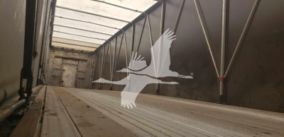 Interior of curtain-side trailer with metal floor beams and overhead ribs; faint logo of a flying seagull overlaid.