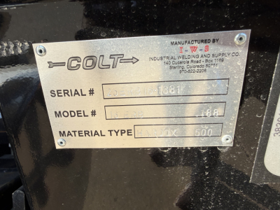 Manufacturer plate shows COLT branding with serial #, model #, and material type. Manufactured by Colt Industrial Welding and Supply Co. Plate includes serial # 0? and model # 188, material type HA? 10X 500. Engraved text: SERIAL #, MODEL #