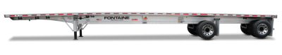 Fontaine 48' aluminum flatbed trailer with wide spread air suspension and dual rear axles, side view showing branding and support leg.