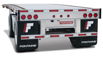 Flatbed trailer rear view showing Fontaine logo and dual mud flaps, reflective tape, and tail lights on a 48' aluminum Fontaine flatbed.