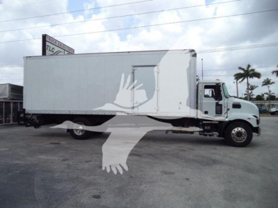Box truck with large cargo box and cab; side view showing no visible text on the box, generic reflection overlay.
