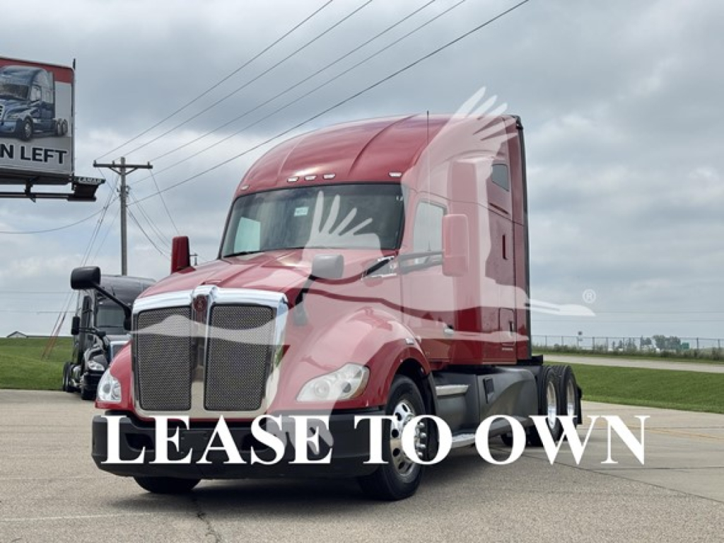 Kenworth T680 conventional sleeper truck in red, front-right view, with 'LEASE TO OWN' overlay text.