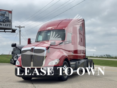Kenworth T680 conventional sleeper truck in red, front-right view, with 'LEASE TO OWN' overlay text.
