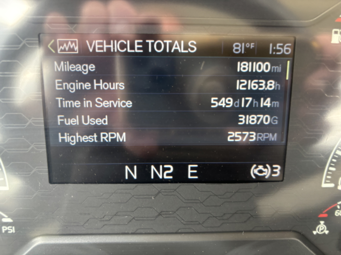 Vehicle totals display on Volvo instrument cluster showing Mileage 18100 mi, Engine Hours 12163.8 h, Time in Service 549 d 7h 14m, Fuel Used 31870 G, Highest RPM 2573 RPM, N N2 E gear indicator.