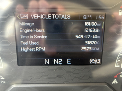 Vehicle totals display on Volvo instrument cluster showing Mileage 18100 mi, Engine Hours 12163.8 h, Time in Service 549 d 7h 14m, Fuel Used 31870 G, Highest RPM 2573 RPM, N N2 E gear indicator.