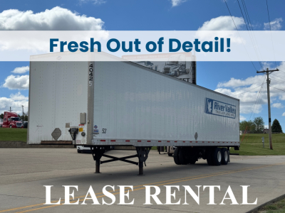 Trailer tractor van with River Valley Leasing logo showing a white box trailer under a blue sky and banner text "Fresh Out of Detail!" and large watermark text "LEASE RENTAL" across the bottom.