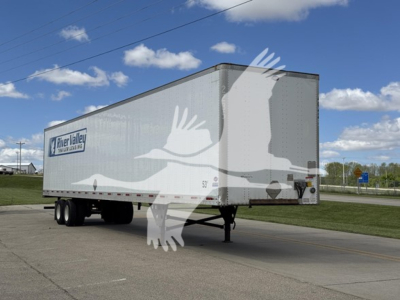 Box trailer with River Valley Transportation logo showing side profile and front, rectangular cargo trailer on a paved lot.