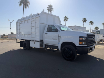 White Chevrolet 6500 HD chipper truck in side view with dump bed, black wheels, clear cab, palm trees in background.