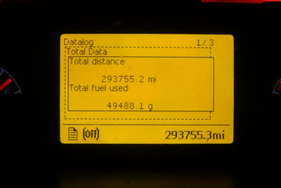 Dashboard display from Volvo truck showing odometer: 293,755.3 miles and total distance 293,755.2 mi, fuel used 49,488.1 l, and trip data pages 1/3.