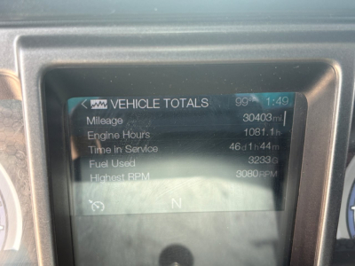 Vehicle totals display showing mileage 30403 mi, engine hours 1081.1 h, time in service 46d 14h, fuel used 3233 gal, highest RPM 3080 RPM on Mack MD6 dash screen.