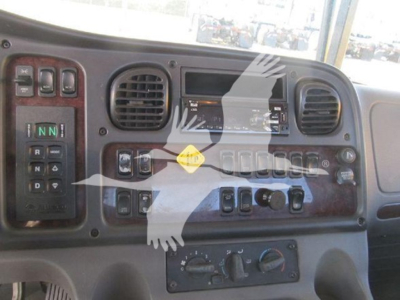 Truck dashboard controls showing gear selector and multiple switches in a Freightliner M2 106 cab interior.