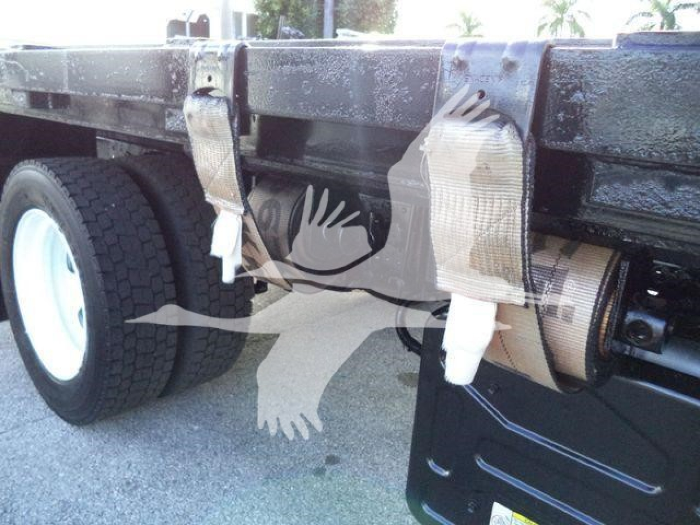 Isuzu NRR flatbed truck rear view showing cargo tie-down straps and bare metal frame.
