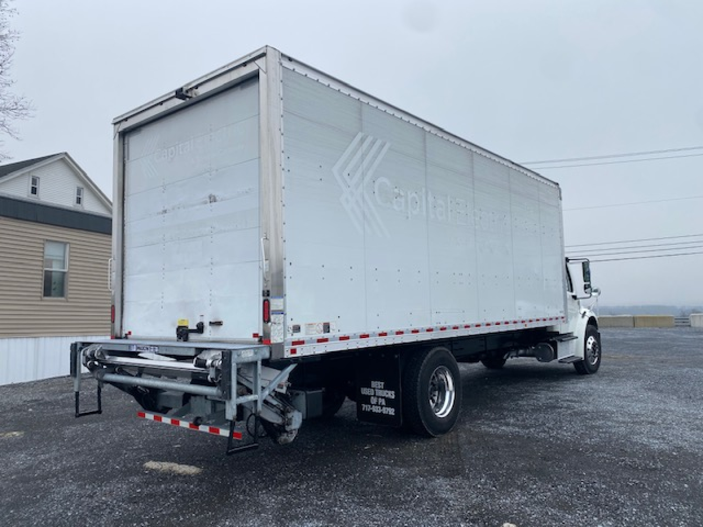  Freightliner M2-106 box truck rear view showing aluminum cargo box and rear bumper. 2019 model, stock 12872, VIN 3ALACWFC7KDKT0066.