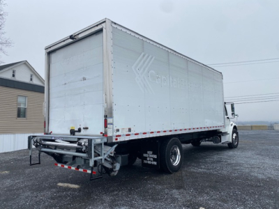  Freightliner M2-106 box truck rear view showing aluminum cargo box and rear bumper. 2019 model, stock 12872, VIN 3ALACWFC7KDKT0066.