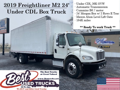 2019 Freightliner M2 24' Under CDL Box Truck with side view showing cab and large box, VIN 3ALACWFC7KDKT0066, stock 12872, listed specs include automatic transmission, Cummins B6.7 motor, 24' Morgan box, lift gate, 184K miles.