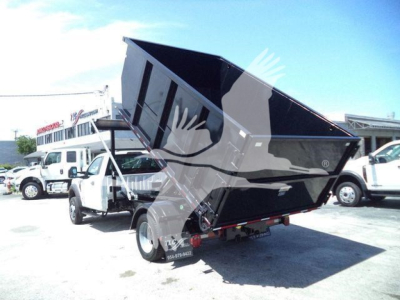 Ford F-550 dump truck in rolled-back position showing dump bed and rear wheels; side view with other trucks in background.