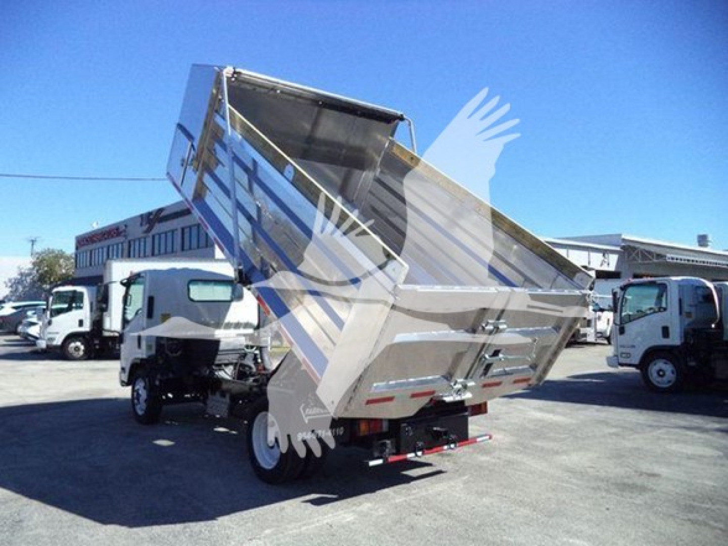 Isuzu NPR-HD dump truck with bed raised, side view showing cargo bed and rear taillights; multiple similar trucks in background.