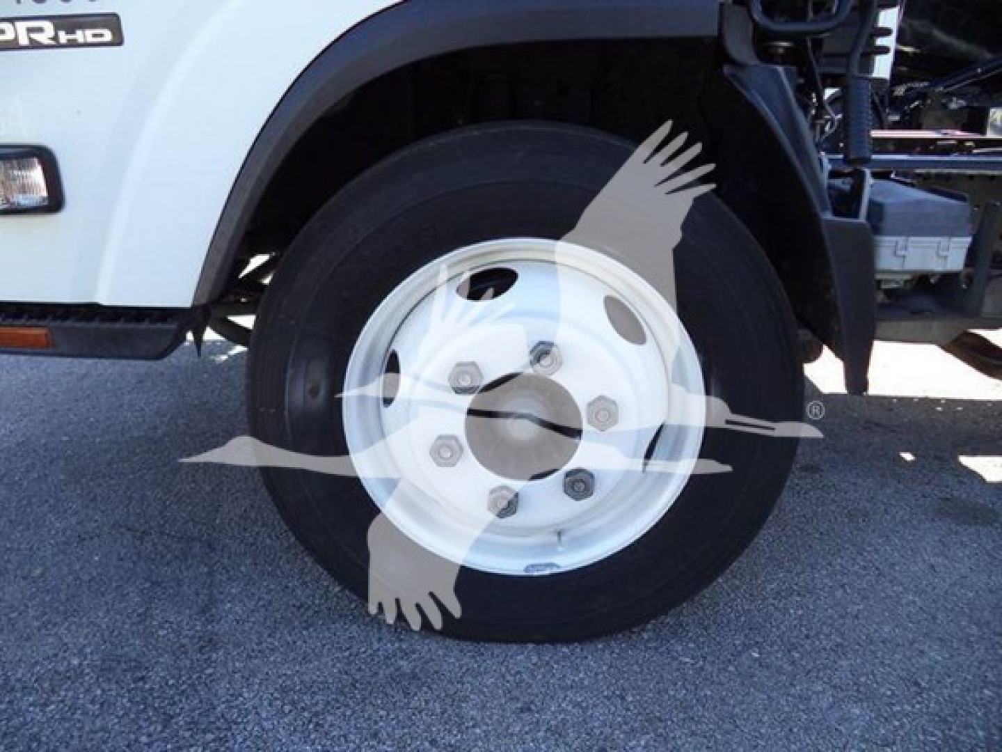 Isuzu NPR HD truck front wheel area with white steel wheel and tire; partial fender shows badge area.