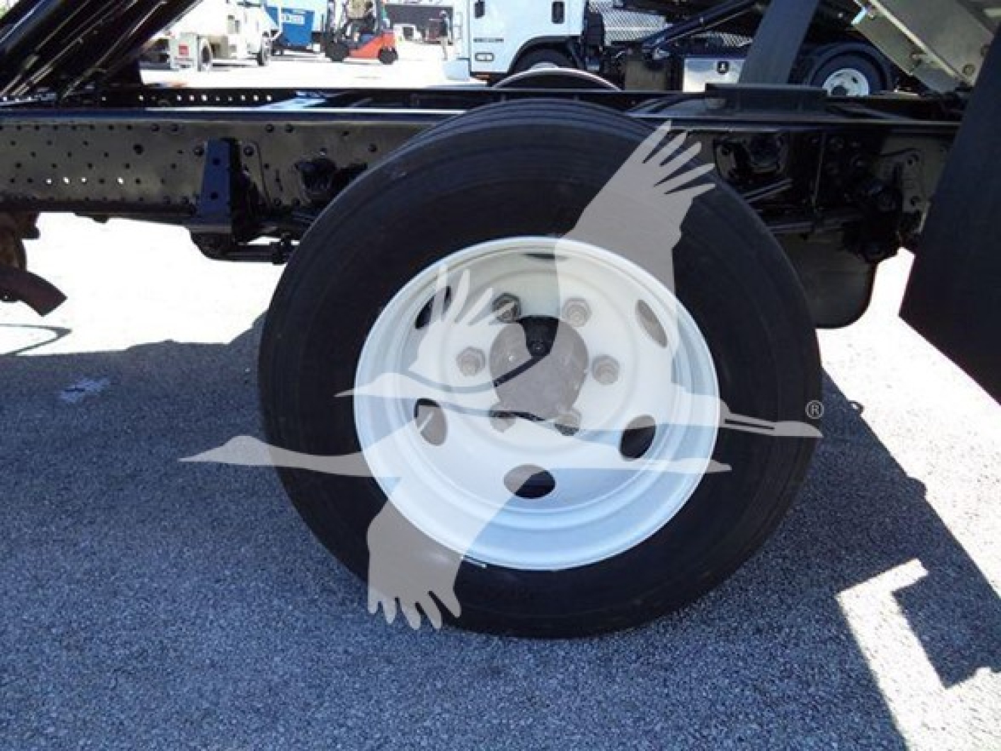 Isuzu NPR HD truck chassis showing front wheel and suspension with white steel rim and black tire.