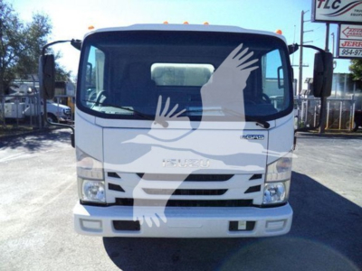 Isuzu NPR HD truck front view showing Isuzu emblem and grille; windshield with side mirrors; headlights; white bumper; no visible text aside from the truck design.