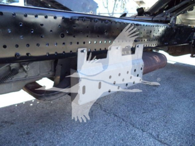 Isuzu NPR-HD truck undercarriage showing a perforated frame, exhaust pipe, and underbody hardware with a white watermark graphic across the image.
