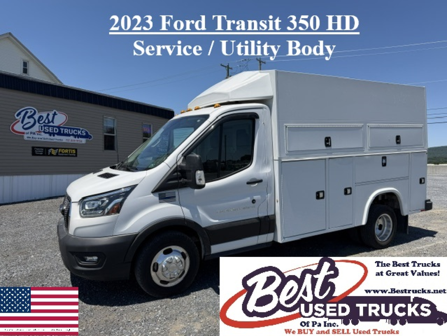 Service/Utility body truck showing 2023 Ford Transit 350 HD with service body and raised roof, white exterior, black trim, front grille, and side compartments.