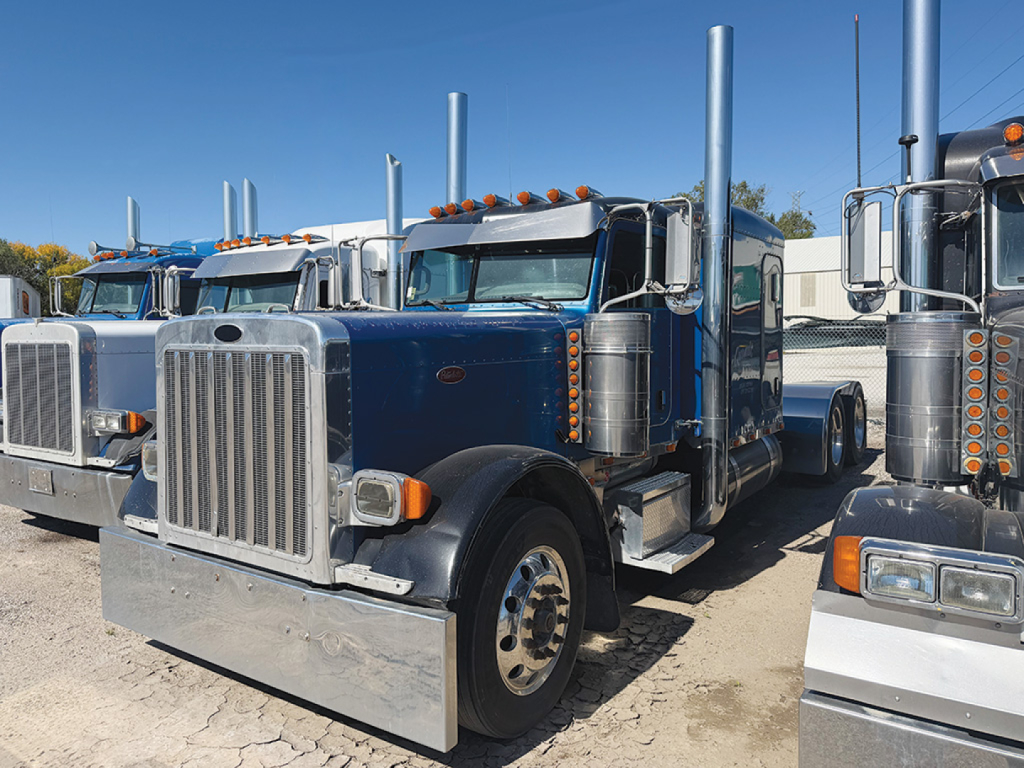 Peterbilt 379 extended hood semi truck in blue with chrome grille, dual exhaust stacks, and long hood; daytime dealership lot with other trucks nearby.