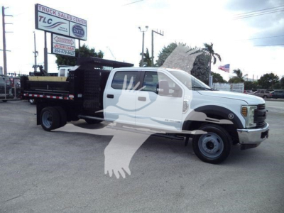 Ford F-550 dump truck in white and black, side view with dump bed, logo on door, dealership signs in background.