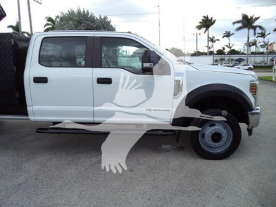 Ford F-550 dump truck side view showing crew cab white exterior, dual rear wheels, and front fender with 'F-550' badge.