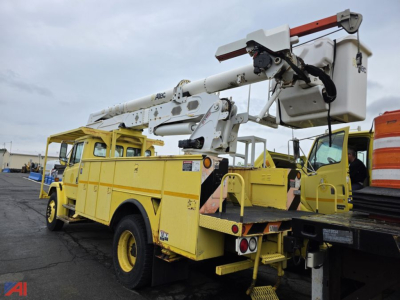 Freightliner FL70 bucket truck with Altec boom and yellow utility body, mounted on a flatbed trailer, side and rear views showing bucket lift and stabilizers.
