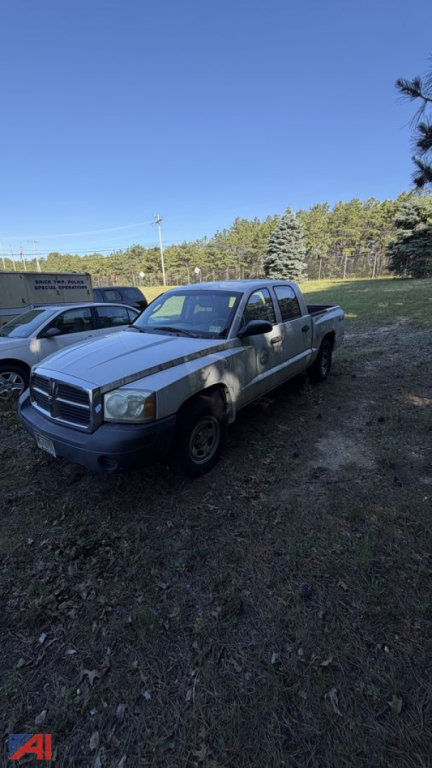 Dodge Dakota pickup truck in a grassy lot, silver/gray with extended cab, front view at an angle.