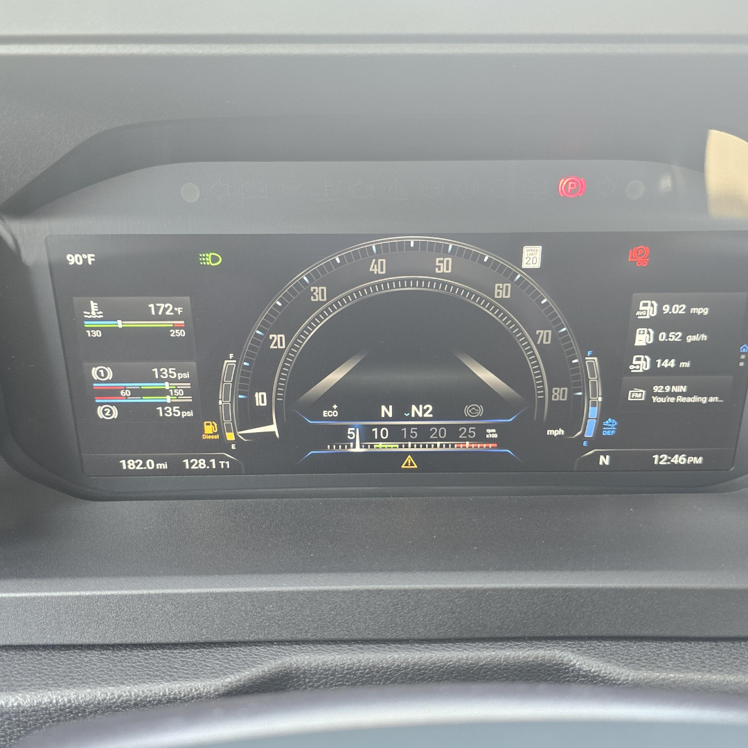 Mack AN64T dashboard display showing digital gauges and warning icons, with speedometer arc centered and various readouts on left and right.