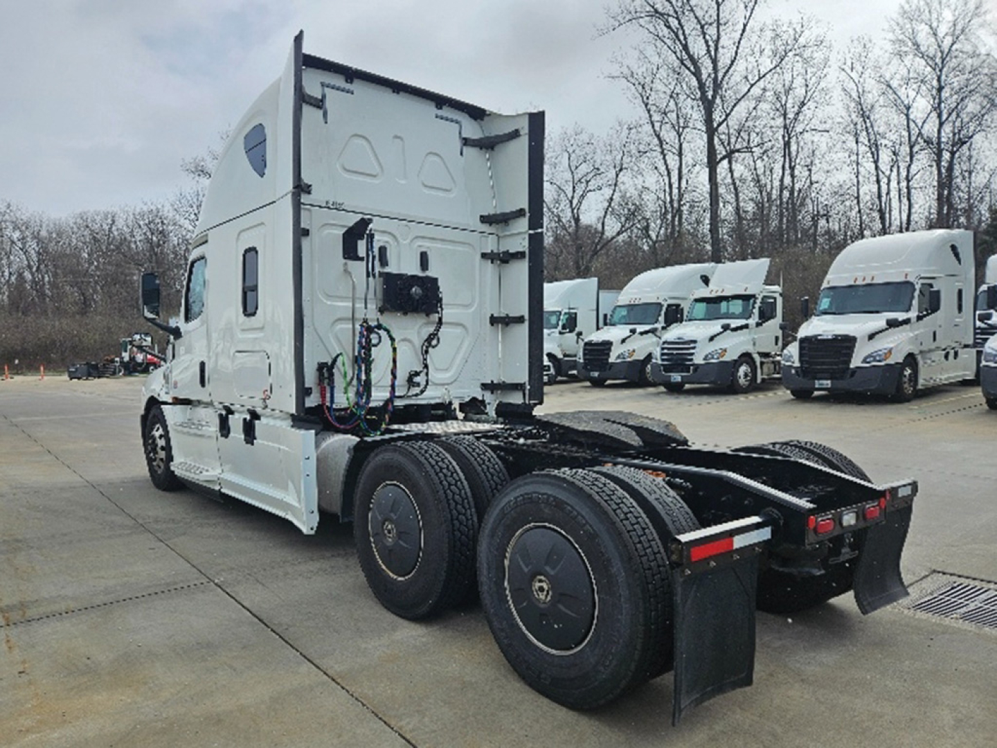 Truck rear with triple-axle configuration and fifth wheel in view; Freightliner Cascadia sleeper cab seen from back left.