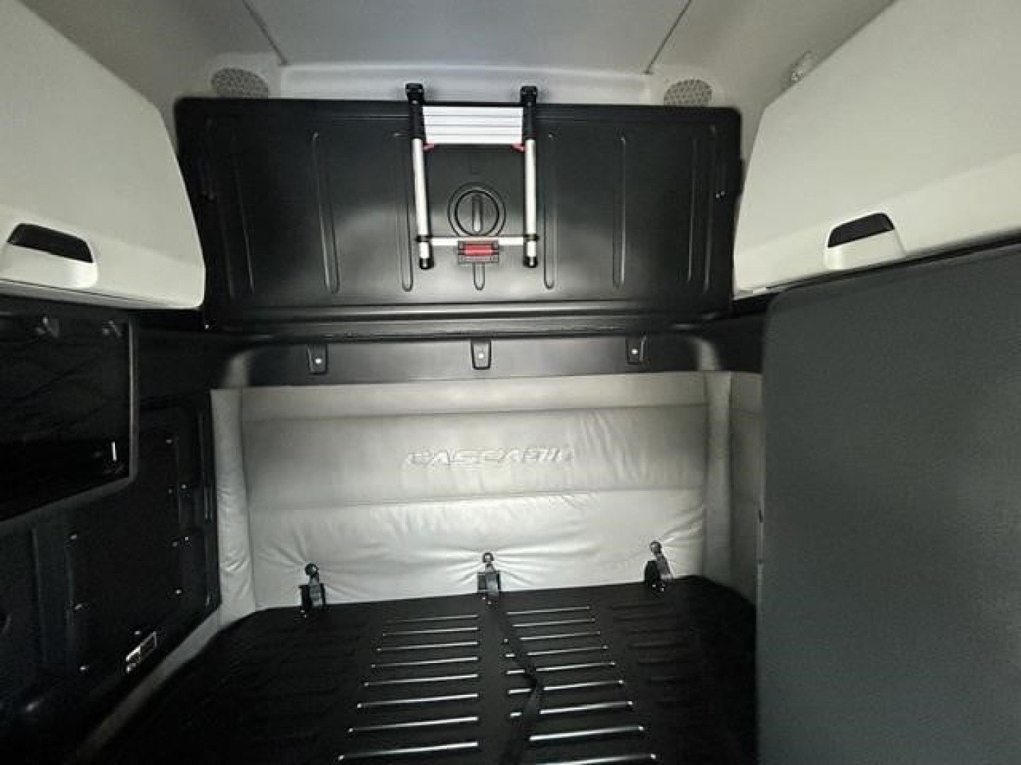 Freightliner Cascadia 126 sleeper cab cargo area showing rear wall with storage and tie-downs, partial side walls, floor with ridges.