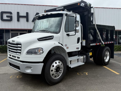 Freightliner Business Class M2 106 dump truck in white cab with black dump bed, front-left view, VIN 1FVACWFE4THWR2758 visible.